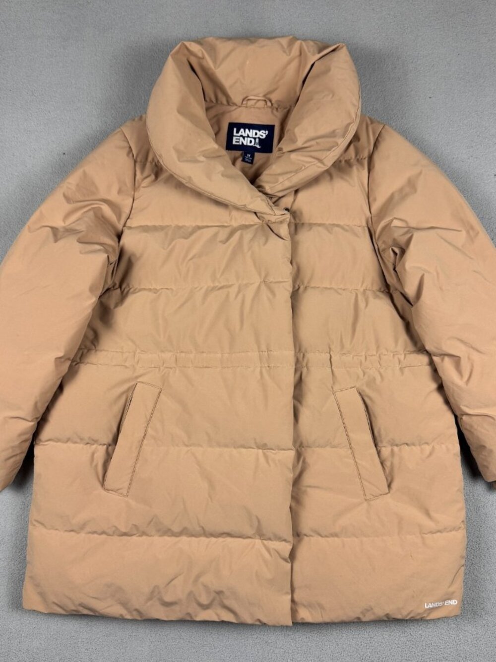 Lands End Womens Quilted Stretch Down Wrap Coat 1X 16W-18W Tan Puffer Jacket
